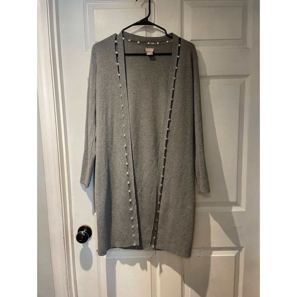 Chicos Gray Pearl Trim Open Front Longline Cardigan Duster Sweater Size 00